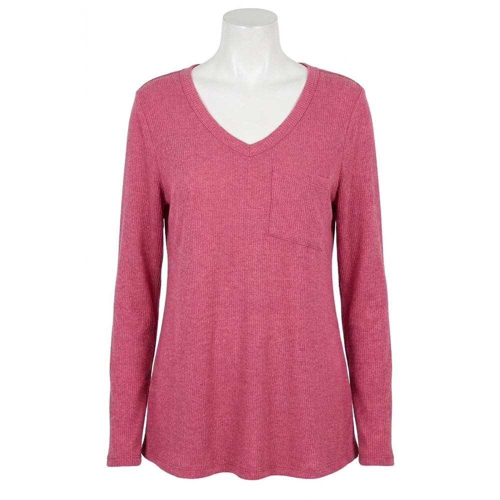 NEW ENTRO ribbed v neck long sleeve top in magenta